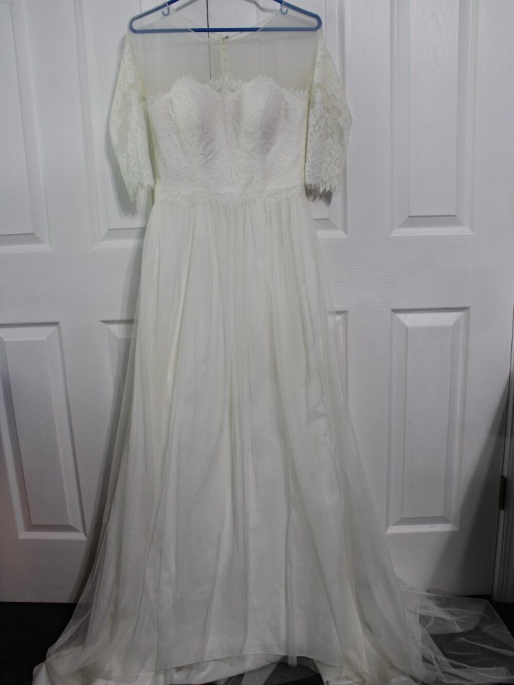 Galina David's Bridal 3/4 Lace Sleeve Illusion Bodice A-Line Wedding Dress